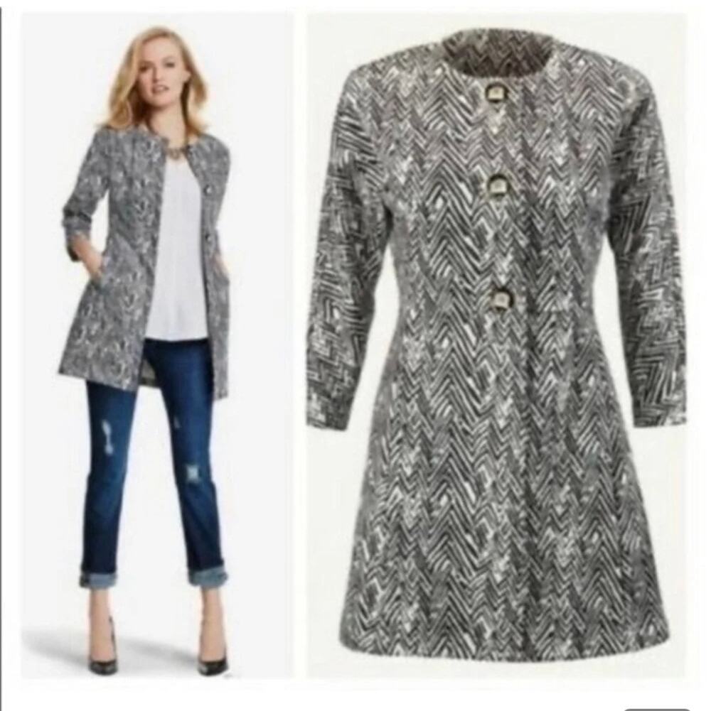 Cabi Ziq Zag Ponte Knit Jacket #3034 White Gray College Core Preppy Executive XS
